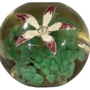 Vintage Floral Art Glass Paperweight Green White Burgundy Flower Orb Decor